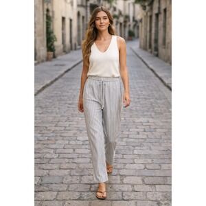 Nectar Striped Blue Cream Pants Sz L Lightweight Cotton Linen Blend Summer Vacay